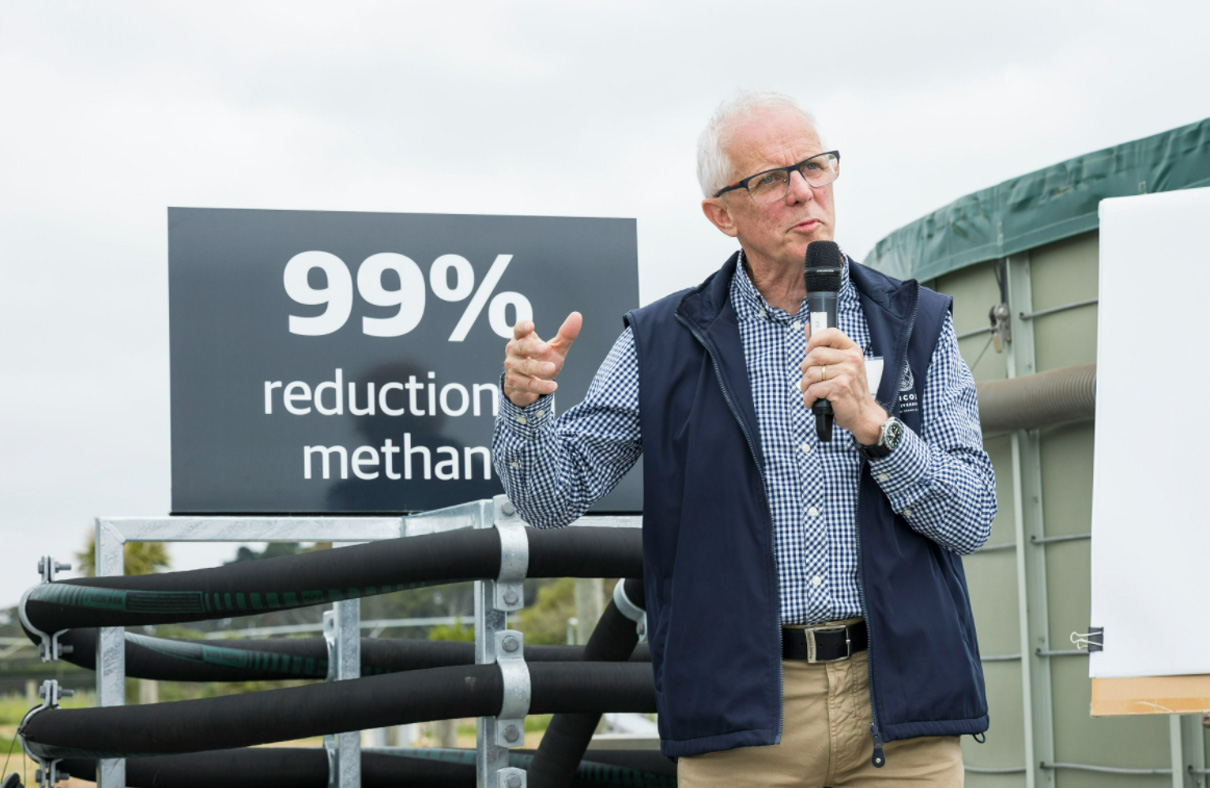 Lincoln University's Professor Keith Cameron explains the new methane mitigation technology [Image source: Ravensdown]